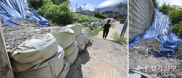 호우 피해 막기위해 설치한 방수포 및 포대에서 토사 유출 [포토뉴스]