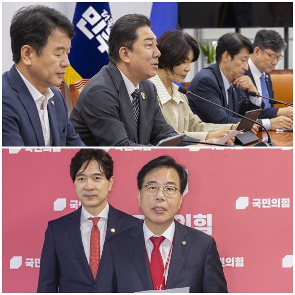 (사진 위)더불어민주당 김병기 원내대표가 26일 국회에서 열린 원내대책회의에서 이재명 대통령의 한미·한일 정상회담 결과와 관련해 발언하고 있다. (사진 아래)국민의힘 송언석 비상대책위원장 겸 원내대표가 같은 날 국회에서 한미 정상회담 관련 브리핑 하는 모습. 연합뉴스