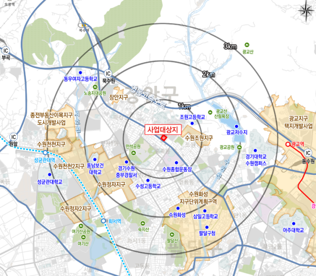 북수원 패션아울렛 재개발을 골자로 한 조원2 지구단위계획 구역 위치도. 수원시 제공