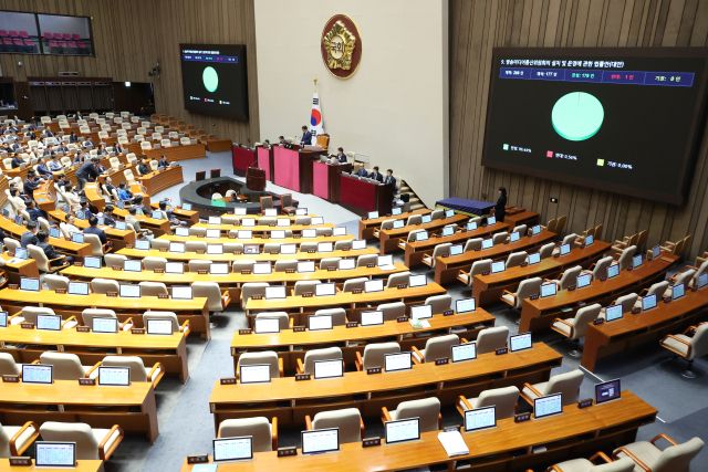 27일 서울 여의도 국회에서 열린 본회의에서 방송미디어통신위원회의 설치 및 운영에 관한 법률안이 통과되고 있다. 연합뉴스