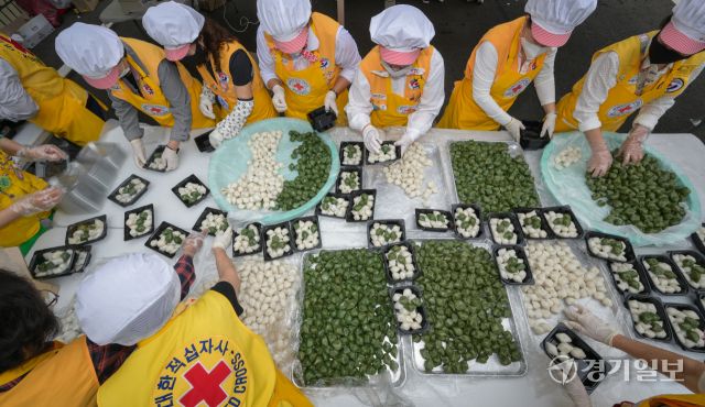 30일 오전 대한적십자사 경기도지사에서 열린 '2025 추석한가위 송편만들기' 봉사활동에 참여한 적십자사 봉사자들이 이웃에게 나눌 송편을 포장하고 있다. 이날 준비된 송편은 250여 관내 취약계층에게 전달될 예정이다. 윤원규기자