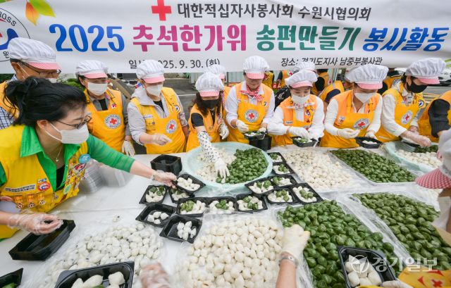 30일 오전 대한적십자사 경기도지사에서 열린 '2025 추석한가위 송편만들기' 봉사활동에 참여한 적십자사 봉사자들이 이웃에게 나눌 송편을 포장하고 있다. 이날 준비된 송편은 250여 관내 취약계층에게 전달될 예정이다. 윤원규기자