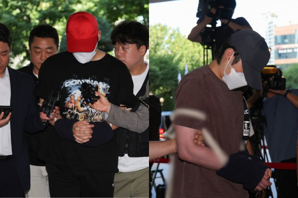 서울 서대문구에서 초등학생들을 유괴하려 한 20대 남성 2명이 구속 심사를 받기 위해 5일 서울서부지법에 출석하는 모습. 연합뉴스