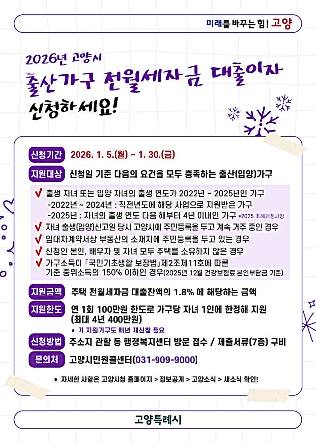 고양특례시 출산가구 전월세자금 대출이자 지원사업 안내 포스터. 고양특례시 제공