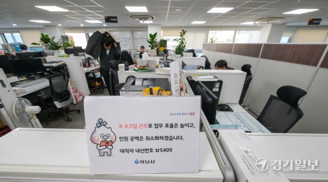 하남시가 수도권 지자체 중 처음으로 4.5일 근무제를 시행한 16일 오후 하남시청의 한 사무실에 4.5일 근무제로 퇴근을 알리는 안내문이 게시돼 있다.