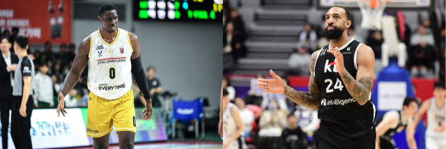 프로농구 안양 정관장의 조니 오브라이언트(왼쪽)와 KT소닉붐의 데릭 윌리엄스. KBL 제공