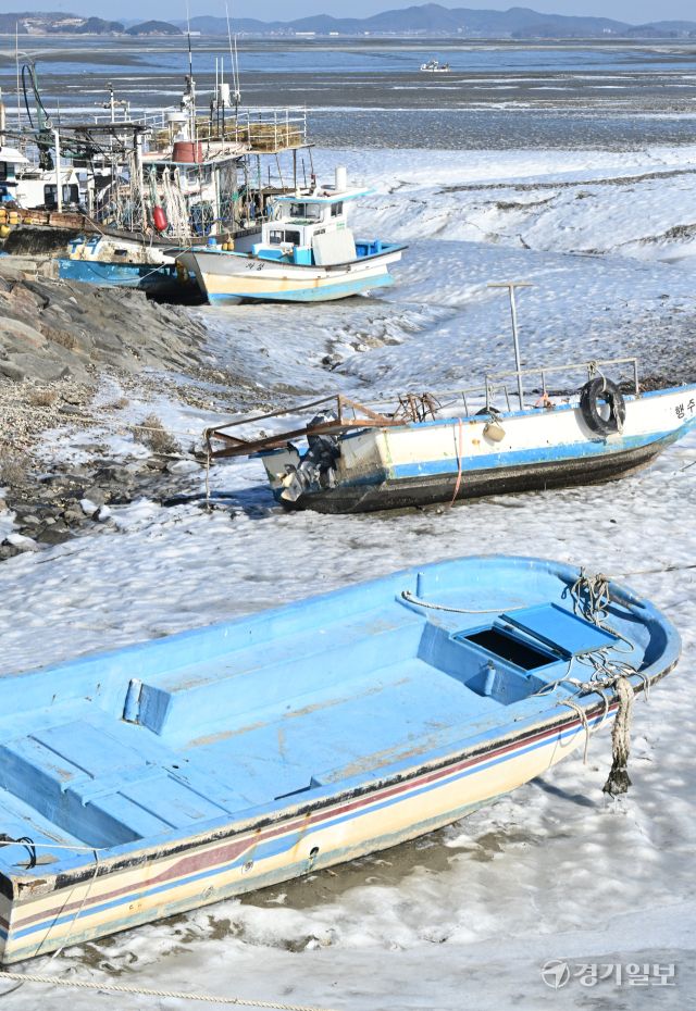 절기상 가장 춥다는 대한(大寒)인 20일 인천 중구 영종도 예단포 인근 갯벌 바닷물이 얼어 있다.조병석기자