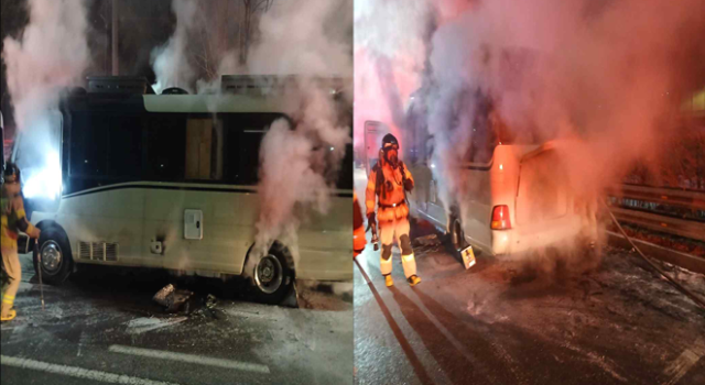 26일 오전 인천 청라 도로에 세워져 있던 캠핑카에 불이 난 모습. 인천소방본부 제공