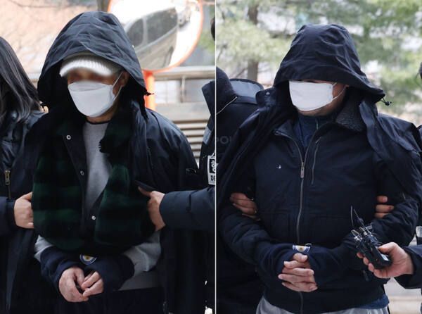 지난 26일 인천지방법원. 노모를 때려 숨지게 한 혐의를 받는 딸 A씨와 이를 방조한 혐의를 받는 사위 B씨가 출석하는 모습. 연합뉴스