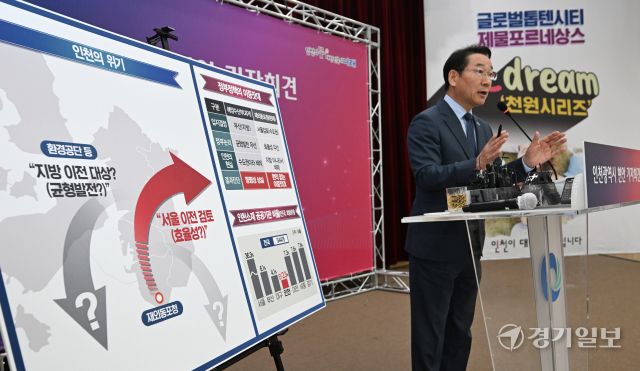 유정복 인천시장이 28일 시청 대회의실에서 재외동포청 이전 논란 및 수도권매립지관리공사 관할권 이관 등 주요 시정 현안에 대한 기자회견을 하고 있다.조병석기자