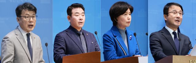 오는 11일 치러지는 4개월 임기의 더불어민주당 원내대표 보궐선거에 3선 의원 4명이 출마해 4파전 구도가 형성됐다. 사진은 왼쪽부터 출마 기자회견에 나선 진성준·박정·백혜련·한병도 의원. 연합뉴스
