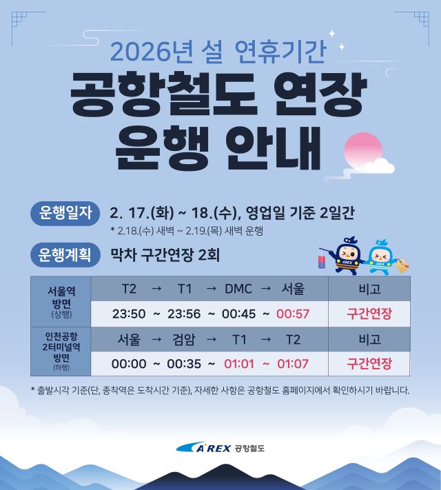 공항철도 설날 연휴 막차 운행 구간 연장 안내문. 공항철도 제공