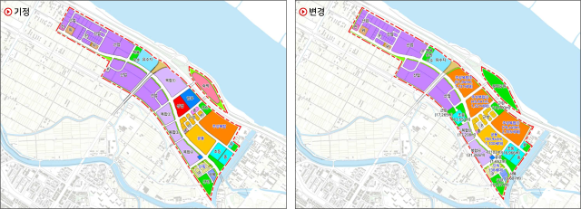 김포한강시네폴리스 토지이용계획 변경 전 지도(왼쪽)과 변경 후 지도. ㈜한강시네폴리스개발 제공