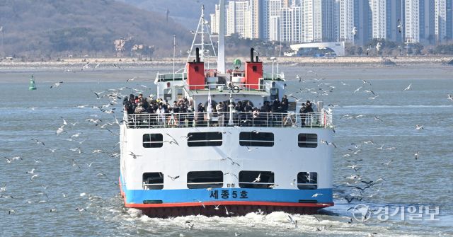 설 연휴 마지막 날인 18일 인천 중구 월미도 선착장에서 영종도 구읍뱃터로행 여객선에 승선한 나들이객들이 갈매기들에게 먹이를 주고 있다. 조병석기자