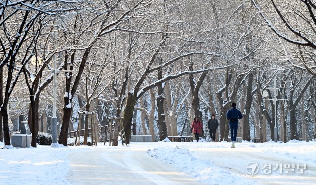 밤사이 눈이 내린 2일 인천 남동구 인천대공원을 찾은 시민들이 눈길을 걷고 있다. 조병석기자