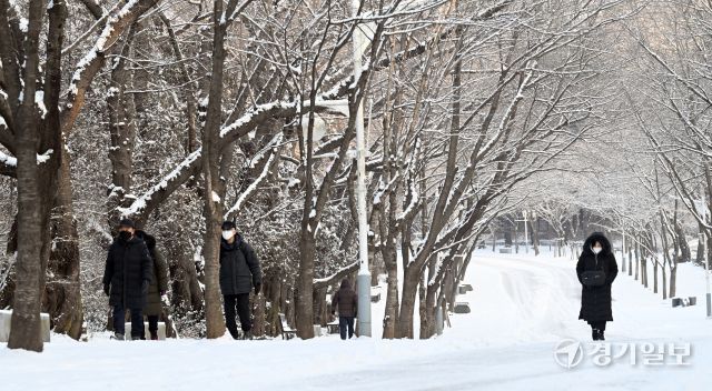 밤사이 눈이 내린 2일 인천 남동구 인천대공원을 찾은 시민들이 눈길을 걷고 있다. 조병석기자