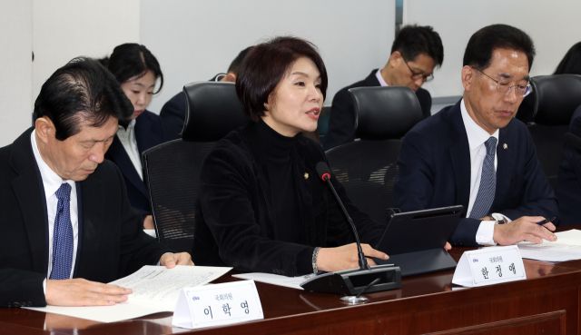 더불어민주당 한정애 정책위의장이 23일 국회 의원회관에서 열린 고용노동부와의 당정 협의에서 발언하고 있다. 연합뉴스