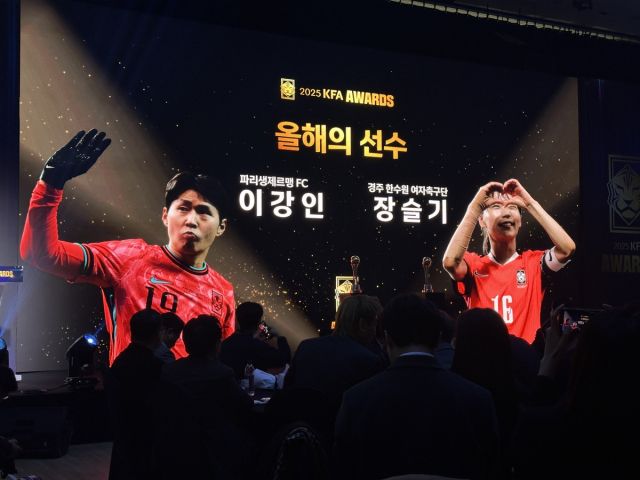 올해의 선수 남자 부문 수상자 이강인(왼쪽)과 장슬기. 연합뉴스