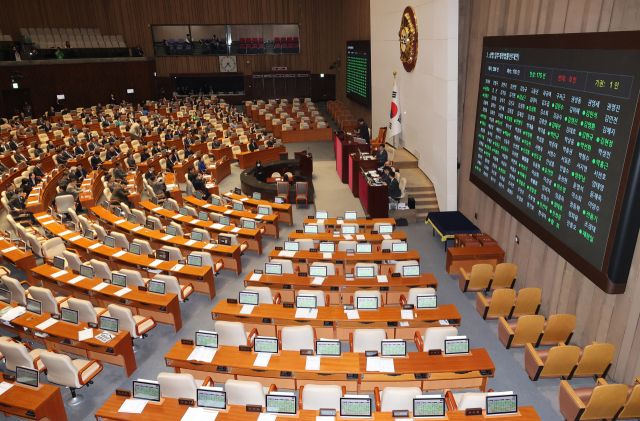 25일 국회에서 열린 2월 임시국회 본회의에서 '3차 상법 개정안'이 국민의힘 의원들의 불참 속에 통과되고 있다. 연합뉴스