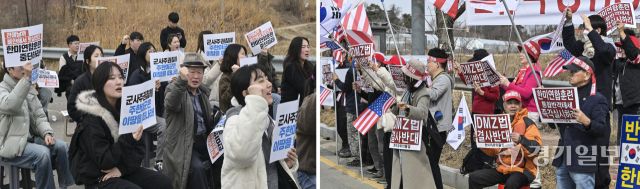 다음달 예정인 한미연합훈련을 두고 한국과 미국이 서로 입장 차이를 보이고 있는 가운데 26일 평택시 K-6 미군기지 앞에서 한미연합훈련 찬반 집회가 열렸다. 사진은 이날 CPX게이트 앞에서 한미연합훈련 중단을 외치는 국민주권당·한국대학생진보연합 관계자들(왼쪽 사진)과 윤게이트 앞에서 한미동맹 강화를 촉구하는 한미 자유의 물결 관계자들.