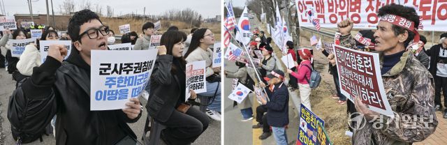 다음달 예정인 한미연합훈련을 두고 한국과 미국이 서로 입장 차이를 보이고 있는 가운데 26일 평택시 K-6 미군기지 앞에서 한미연합훈련 찬반 집회가 열렸다. 사진은 이날 CPX게이트 앞에서 한미연합훈련 중단을 외치는 국민주권당·한국대학생진보연합 관계자들(왼쪽 사진)과 윤게이트 앞에서 한미동맹 강화를 촉구하는 한미 자유의 물결 관계자들.