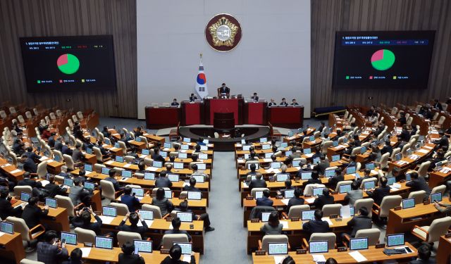 28일 국회에서 열린 2월 임시국회 8차 본회의에서 전날 상정된 법원조직법 개정안(대법관 증원법)이 찬성 173인, 반대 73인, 기권 1인으로 통과되고 있다. 연합뉴스