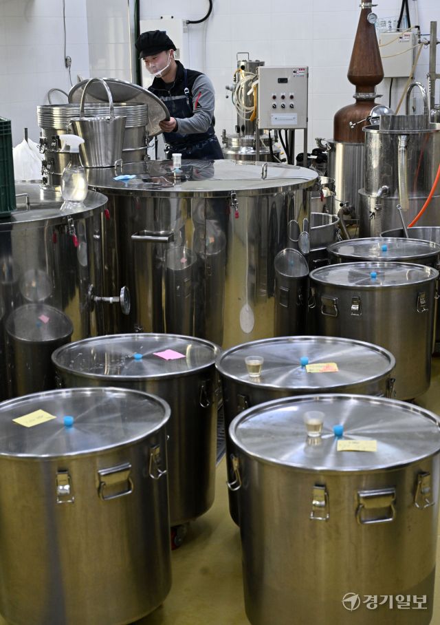 설 연휴를 10여일 앞둔 5일 오후 평택시 오성면 전통주 제조업체 ‘좋은술’에서 직원들이 차례·선물용 전통주를 생산하고 있다. 이날 경기도농업기술원은 설 명절에 차례상에 올리거나 가족과 함께 나눌 술을 고민하는 도민을 위해 지역 농산물로 빚은 전통주 5종을 소개했다. 김시범기자