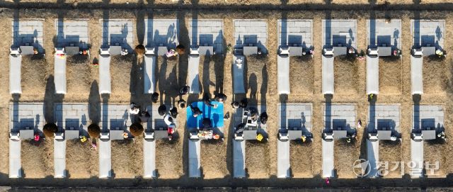 설 연휴를 앞둔 8일 오전 인천 부평구 인천가족공원을 미리 찾은 성묘객들이 성묘를 하고 있다.조병석기자