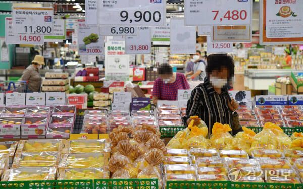 기사의 이해를 돕기 위한 이미지로 직접적 연관은 없습니다. 사진은 수원시내 한 마트 과일코너에서 시민들이 과일 값을 확인하는 모습. 경기일보DB