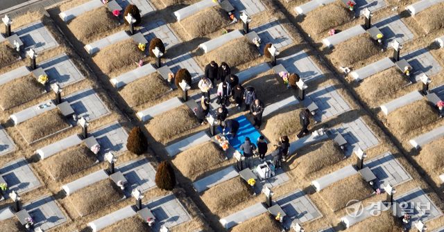 설 연휴를 앞둔 8일 오전 인천 부평구 인천가족공원을 미리 찾은 성묘객들이 성묘를 하고 있다.조병석기자