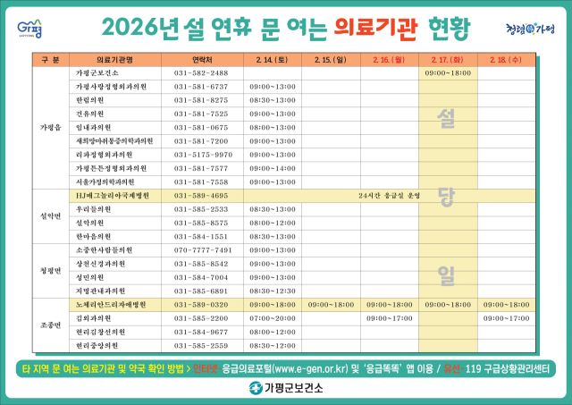 가평군 설연휴 문 여는 의료기관 현황표. 가평군 제공