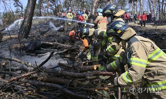 12일 오전 11시 10분께 수원특례시 팔달산 공원에서 화재가 발생해 소방당국이 장비 25대와 인력 75명을 동원해 진화에 나섰다. 불은 오후 12시 32분께 완전히 진화됐다. 이번 화재는 서장대 등산로 입구와 중앙도서관 인근, 팔달산 정상 인근, 팔달약수터 인근 등 여러 지점에서 발생했으며, 인명 피해는 없는 것으로 확인됐다. 경찰은 방화 용의자인 40대 남성을 현장에서 붙잡아 조사 중이다. 사진은 소방관과 의용소방대원들이 화재를 진압하는 모습. 홍기웅 기자.