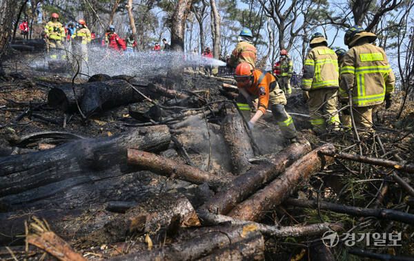 12일 오전 11시 10분께 수원특례시 팔달산 공원의 화재 현장을 소방관과 의용소방대원들이 진압하는 모습. 홍기웅기자