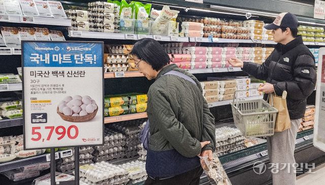 전국 곳곳에서 고병원성 조류인플루엔자(AI)가 발생하며 계란 수급 불안이 이어지고 있는 가운데 16일 오전 수원특례시 홈플러스 동수원점에서 고객들이 미국산 계란을 고르고 있다. 이날부터 홈플러스는 농림축산식품부와 함께 미국산 신선란 추가 수입 물량 중 2만 8천 판을 확보, 전국 대형마트와 일부 홈플러스 익스프레스 점포에서 단독 판매한다. 윤원규기자