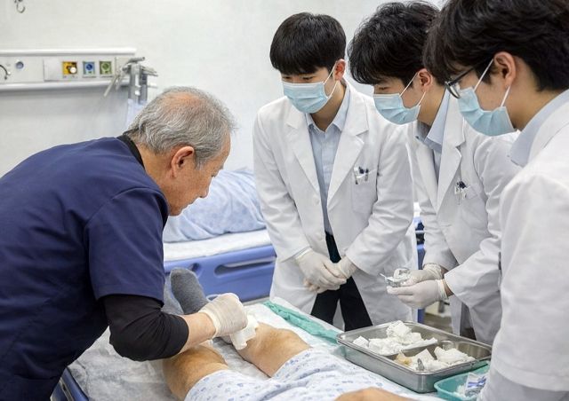 이두익 백령병원 원장이 인하대 의대 본과 4학년 학생들을 대상으로 응급실 환자 교육을 하고 있다. 인하대학교 제공