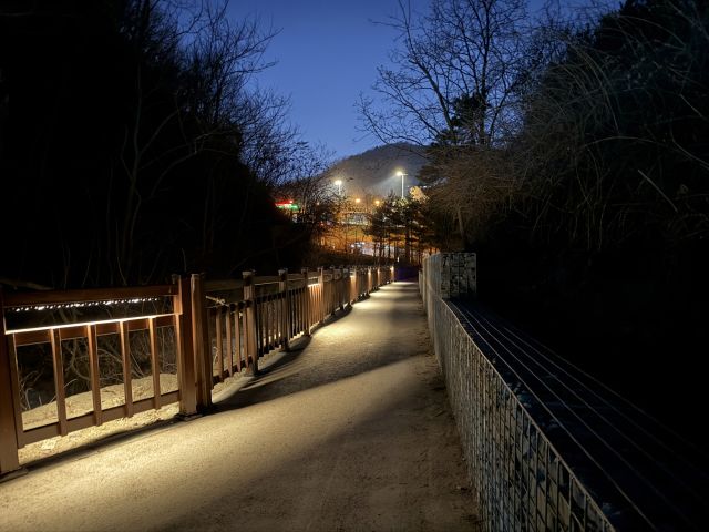 인천 남동구가 전국 최장 규모 산림형 무장애나눔길인 도룡뇽마을 길에 반딧불 조명 등 야간 경관을 위한 조명을 설치했다. 인천 남동구청 제공