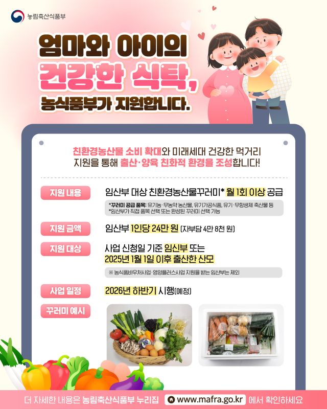 농림축산식품부가 올해 하반기 임산부를 대상으로 시행하는 ‘친환경농산물 꾸러미 지원’ 사업 안내도. 농림축산식품부 제공