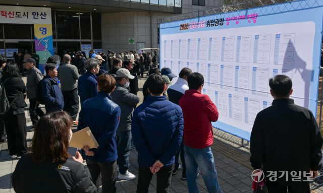 19일 오후 안산올림픽기념관 체육관에서 열린 '2026 안산 919 취업광장'을 찾은 구직자들이 구직 활동을 벌이고 있다. 이날 행사에서는 관내 30여 기업이 참여했다. 윤원규기자