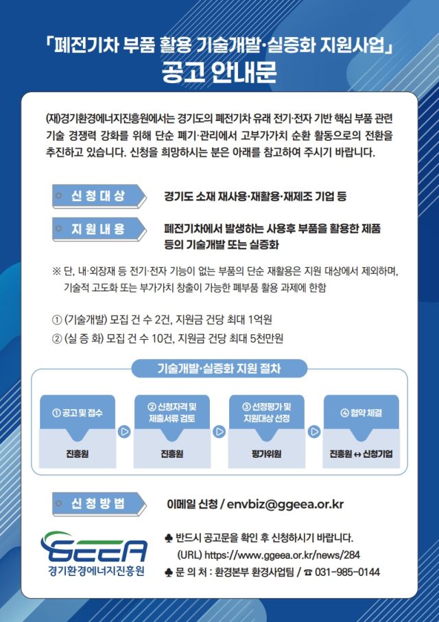 ‘2026년 폐전기차 부품 활용 기술개발 및 실증화 지원사업’ 공고 안내문. 경기도 제공