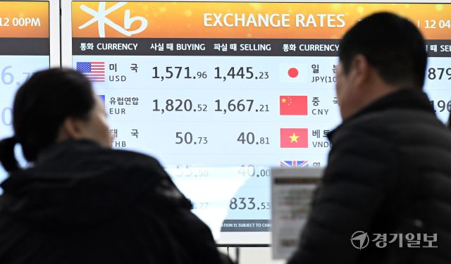 미국·이란 갈등 여파로 원·달러 환율이 1,510원대를 넘어선 23일 인천국제공항 환전소에서 여행객들이 환전을 하고 있다. 이날 환율은 전 거래일 주간 거래 종가(오후 3시 30분 기준)보다 16.7원 오른 1,517.3원에 마감했지만, 은행 창구는 1,530원대, 공항 환전소는 1,570원 수준까지 오르며 체감 환율은 더 높아졌다.조병석기자