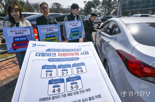 미국-이란 전쟁으로 중동지역 분쟁 심화되며 국가 유가 불안정 사태가 지속되는 가운데 각 지자체 및 공공기관에서 에너지 절감 동참을 위해 ‘차량5부제’를 시행하고 있다. 수원도시공사는 선제적 대응을 위해 오는 4월 1일부터 실시하는 차량5부제를 시행, 요일별 운행제한으로 공사 임직원 600여 명과 더함파크 5개 입주기관이 참여한다. 23일 오전 수원특례시 권선구 더함파크에서 공사 임직원들이 ‘차량5부제’를 홍보하고 있다. 윤원규기자