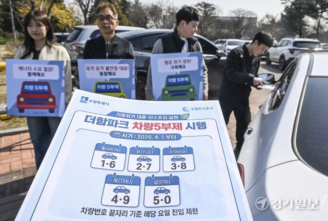 미국-이란 전쟁으로 중동지역 분쟁 심화되며 국가 유가 불안정 사태가 지속되는 가운데 각 지자체 및 공공기관에서 에너지 절감 동참을 위해 ‘차량5부제’를 시행하고 있다. 수원도시공사는 선제적 대응을 위해 오는 4월 1일부터 실시하는 차량5부제를 시행, 요일별 운행제한으로 공사 임직원 600여 명과 더함파크 5개 입주기관이 참여한다. 23일 오전 수원특례시 권선구 더함파크에서 공사 임직원들이 ‘차량5부제’를 홍보하고 있다. 윤원규기자