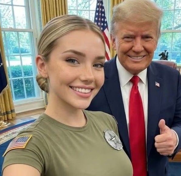 도널드 트럼프 미국 대통령(오른쪽)과 셀카 사진을 올린 AI 조작 미 여군의 인스타그램 업로드 사진. 연합뉴스