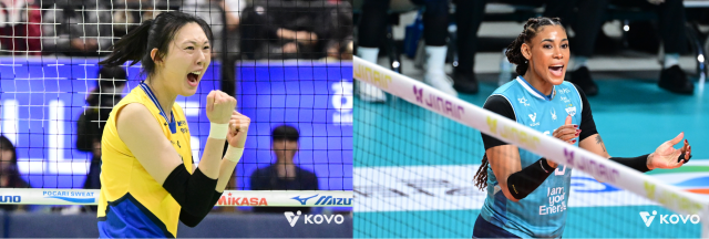 ‘막느냐, 뚫느냐’ 수원 현대건설 미들블로커 양효진(왼쪽)과 서울 GS칼텍스의 아포짓 스파이커 지젤 실바. KOVO 제공