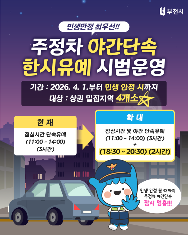 부천시 주정차 야간 단속 유예 시범운영 안내 이미지. 부천시 제공