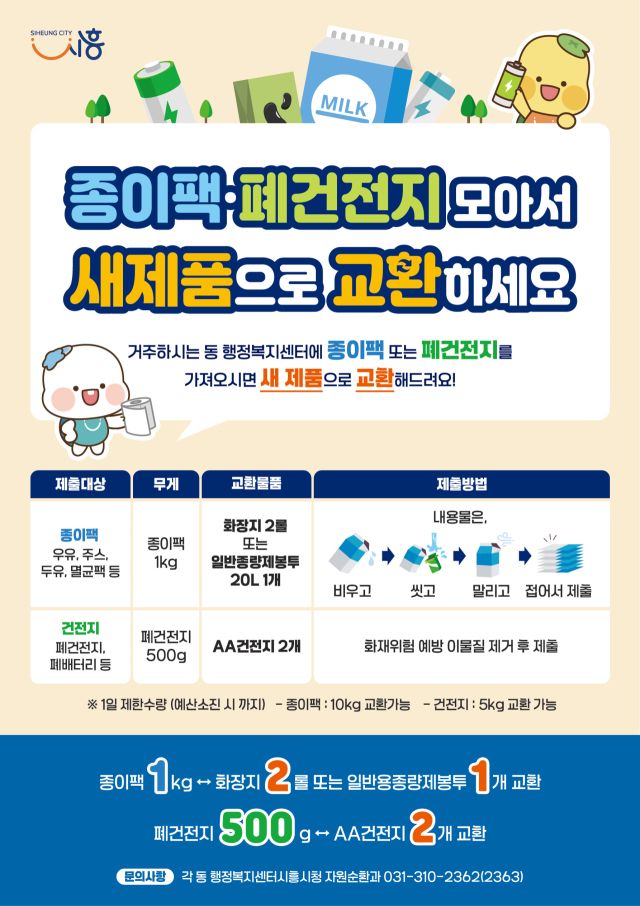 '종이팩,폐건전지 교환사업' 안내 포스터. 시흥시 제공