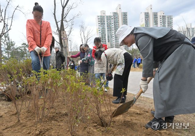 31일 오후 수원특례시 장안구 대유평공원에서 열린 '제81회 식목일 기념 나무심기 행사'에서 시민들이 나무를 심고있다. 시는 이번 행사에서 산딸나무, 팥배나무, 느티나무 등을 식수했다. 홍기웅기자