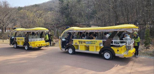 군포시가 교통약자를 위해 확대 운행하는 초막골생태공원 ‘맹꽁이 에코셔틀’ 친환경 전기차. 군포시 제공