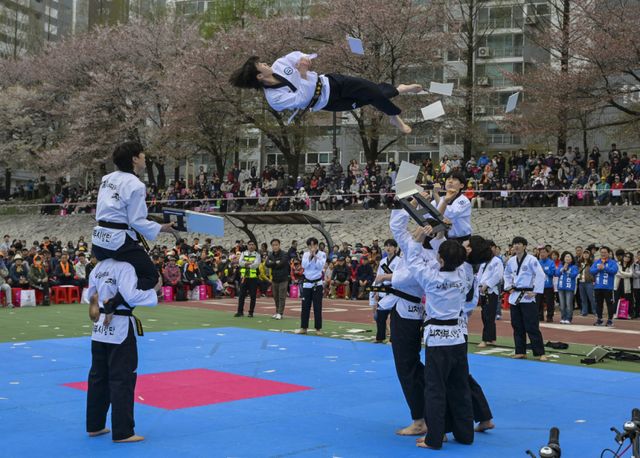 11일 오전 의정부시 동막교 인라인광장에서 열린 '2026 한마음 건강걷기'에서 의정부 태권도 시범단이 격파 시범을 선보이고 있다. 윤원규기자
