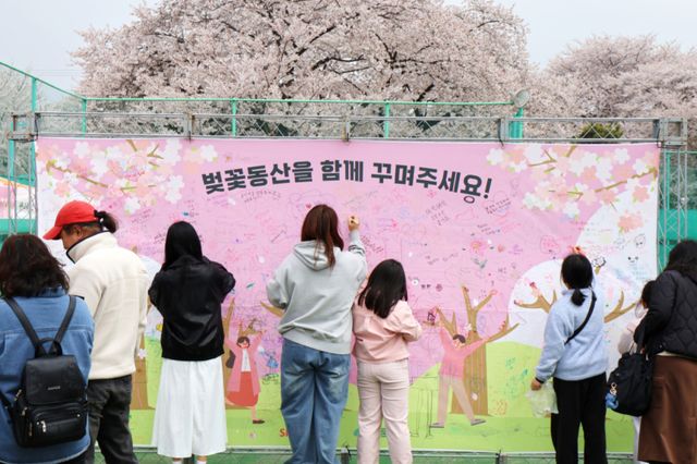 11일 SK인천석유화학 벚꽃동산에서 열린 초록우산 인천지역본부 ‘가족돌봄아동 기부 챌린지’에서 시민들이 벚꽃 그리기에 참여하고 있다. 초록우산 인천지역본부 제공